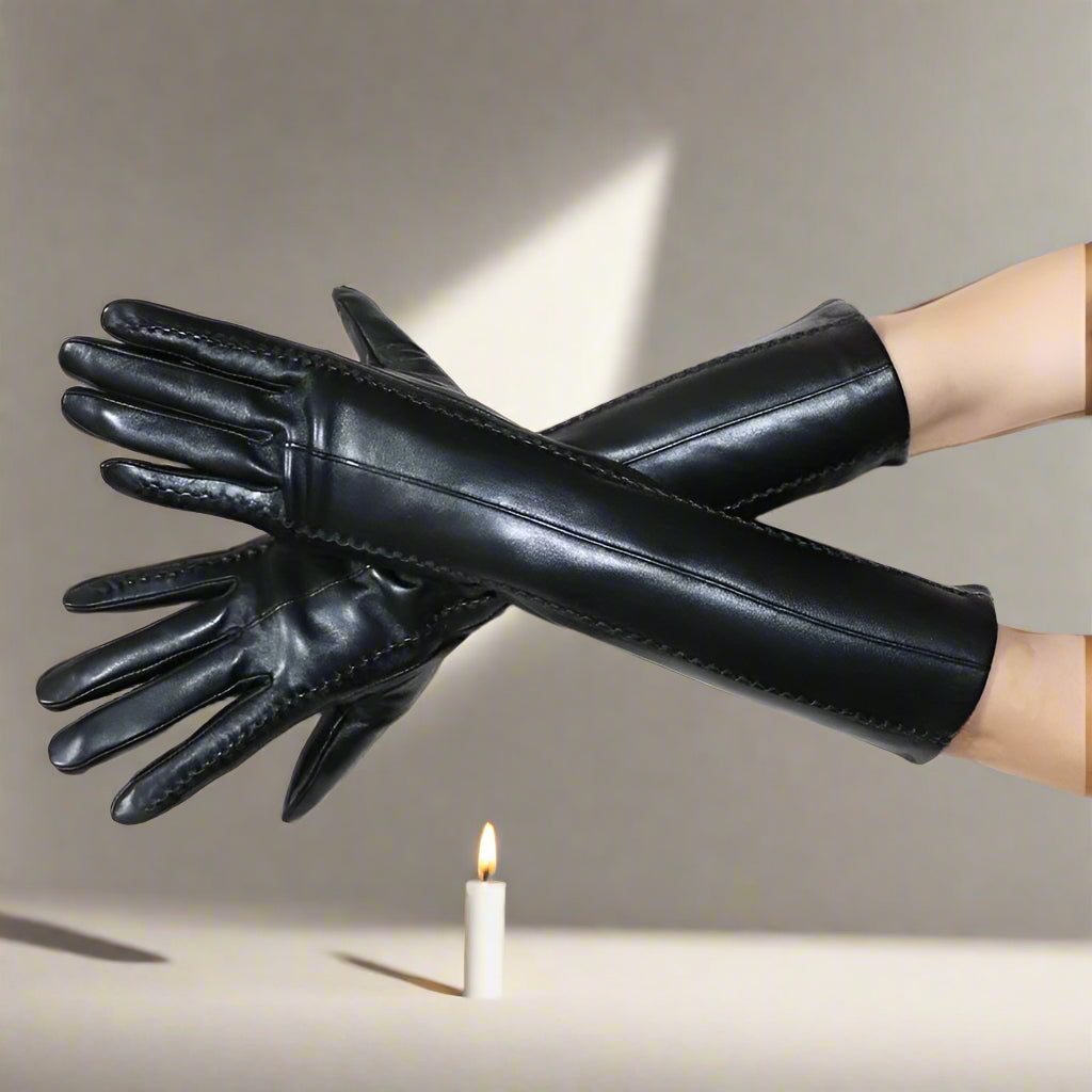 Long Leather Gloves Sheepskin Women Leather Arm Warmers Touchscreen Warm Stylish - Plume & Peak