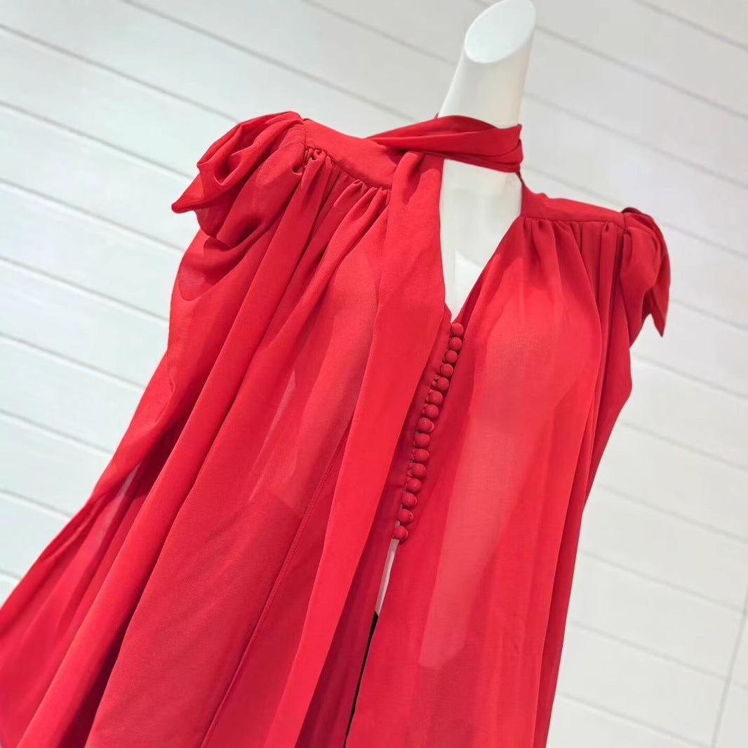 Red Chiffon Tie Front Blouse with Black Pencil Skirt Set - Plume & Peak