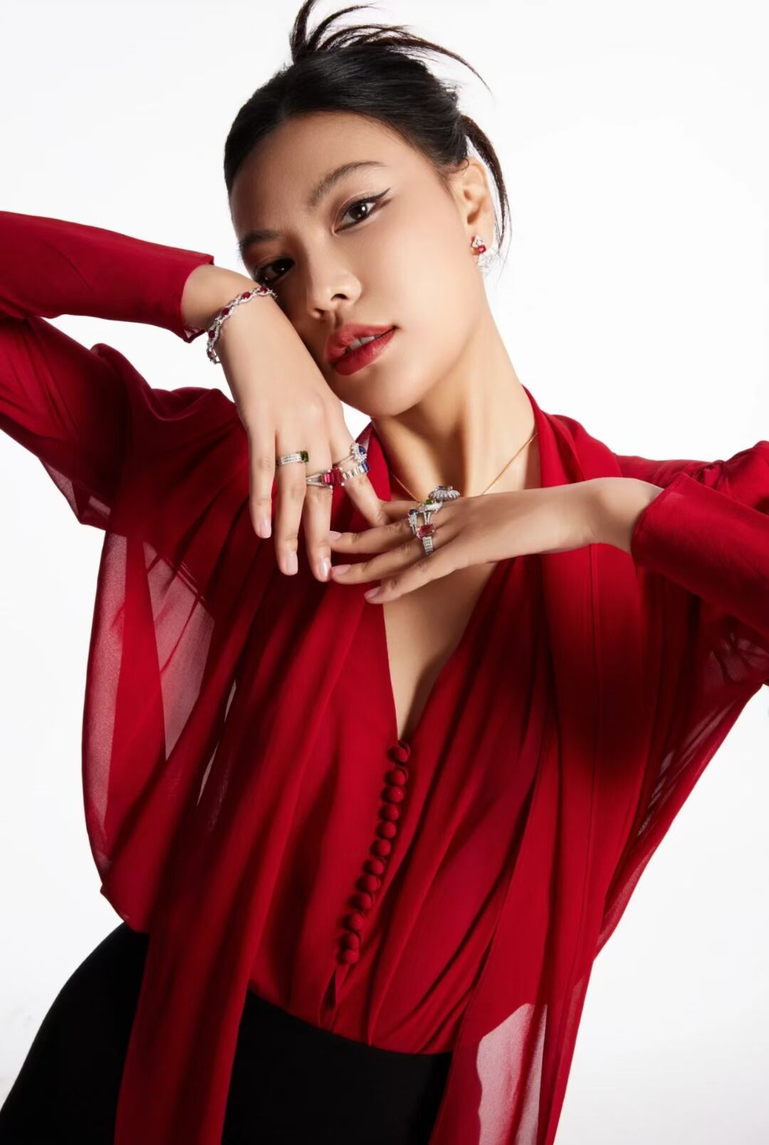 Red Chiffon Tie Front Blouse with Black Pencil Skirt Set - Plume & Peak