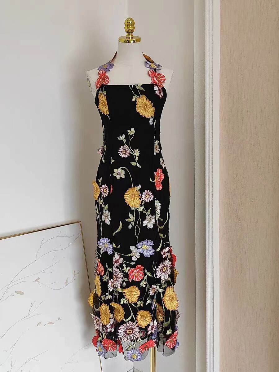 Embroidered 3D Floral Midi Dress with Sheer Details - Plume & Peak