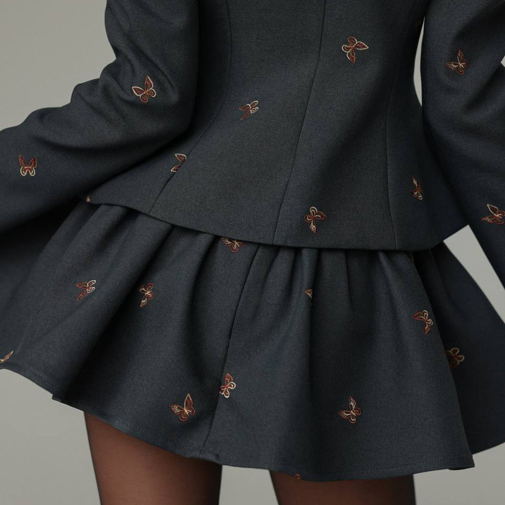 Tailored Embroidered Blazer & Pleated Skirt Set – Effortless Elegance with an Edge - Plume & Peak