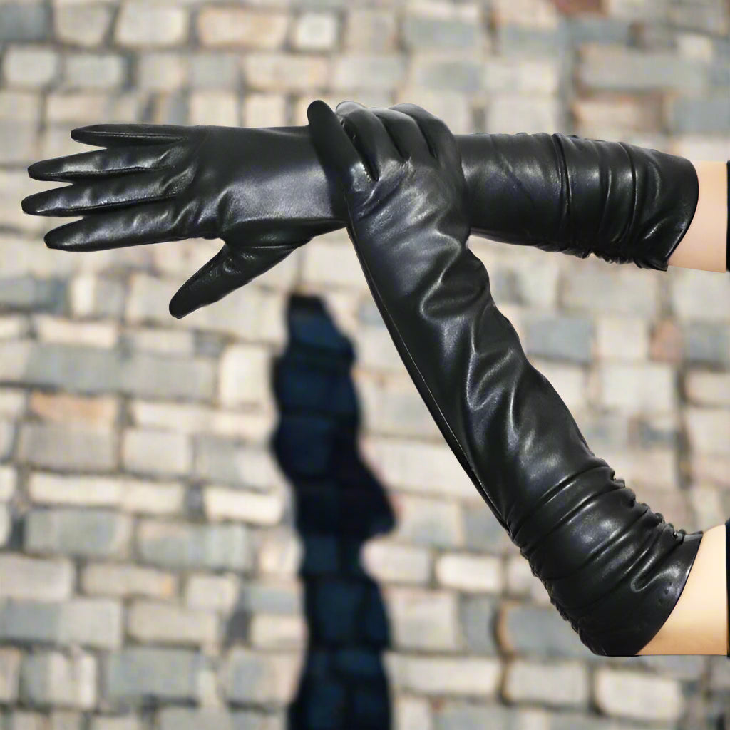 Long Leather Gloves Sheepskin Women Leather Arm Warmers Touchscreen Warm Stylish - Plume & Peak