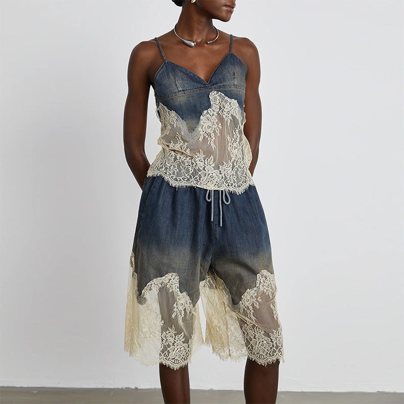 Spring Summer Lace Top Denim Shorts Set - Plume & Peak
