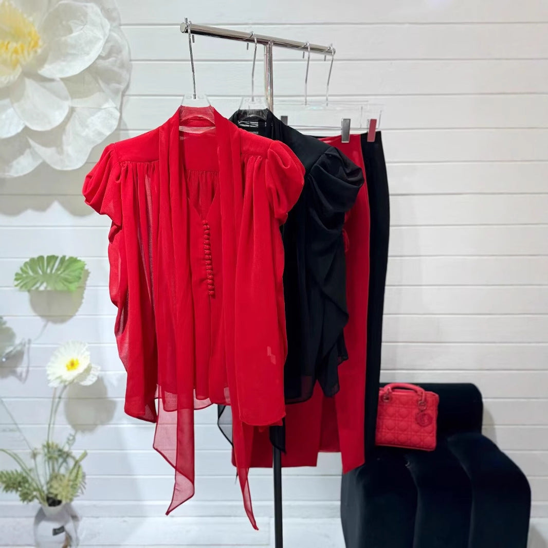 Red Chiffon Tie Front Blouse with Black Pencil Skirt Set - Plume & Peak