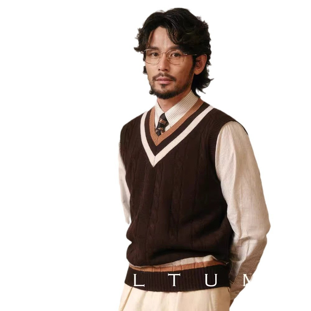 Mens Vintage VNeck Knit Vest AutumnWinter Sleeveless Sweater - Plume & Peak