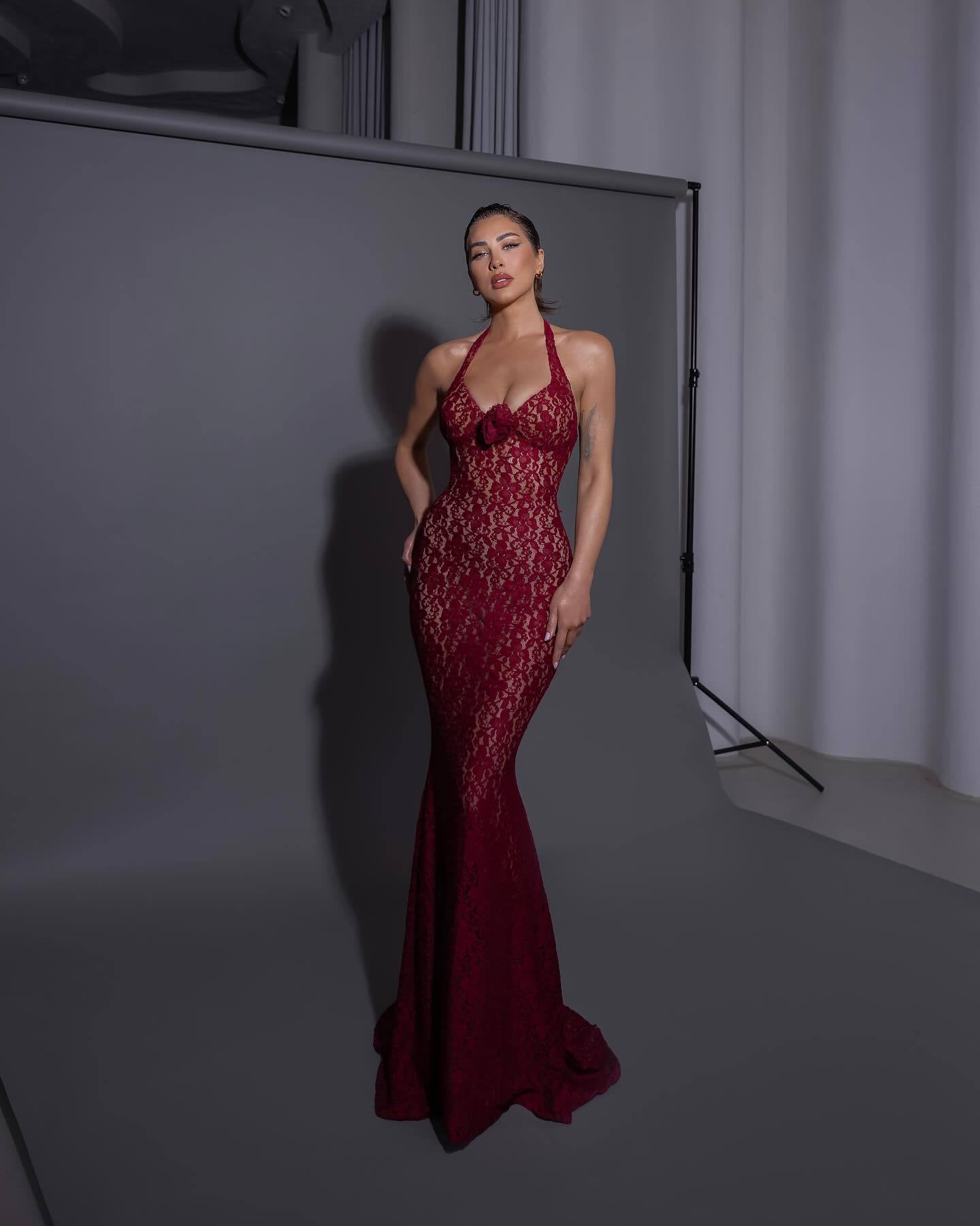 The Plume & Peak Carmine Reverie Lace Gown - Plume & Peak