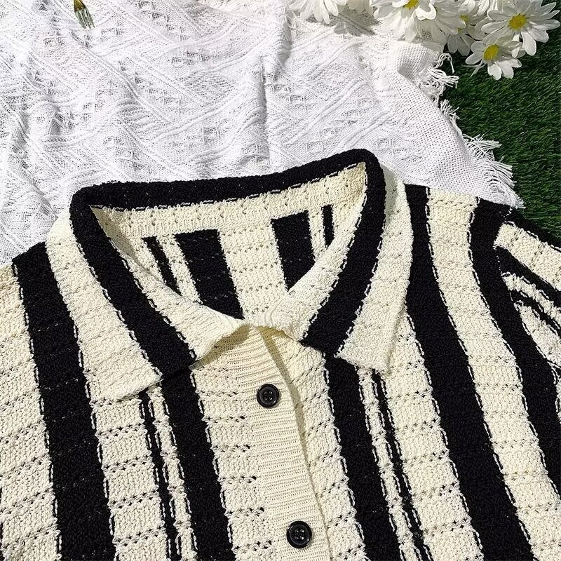 Striped Patchwork Cardigan Shirt Trendy Summer Style - Plume & Peak