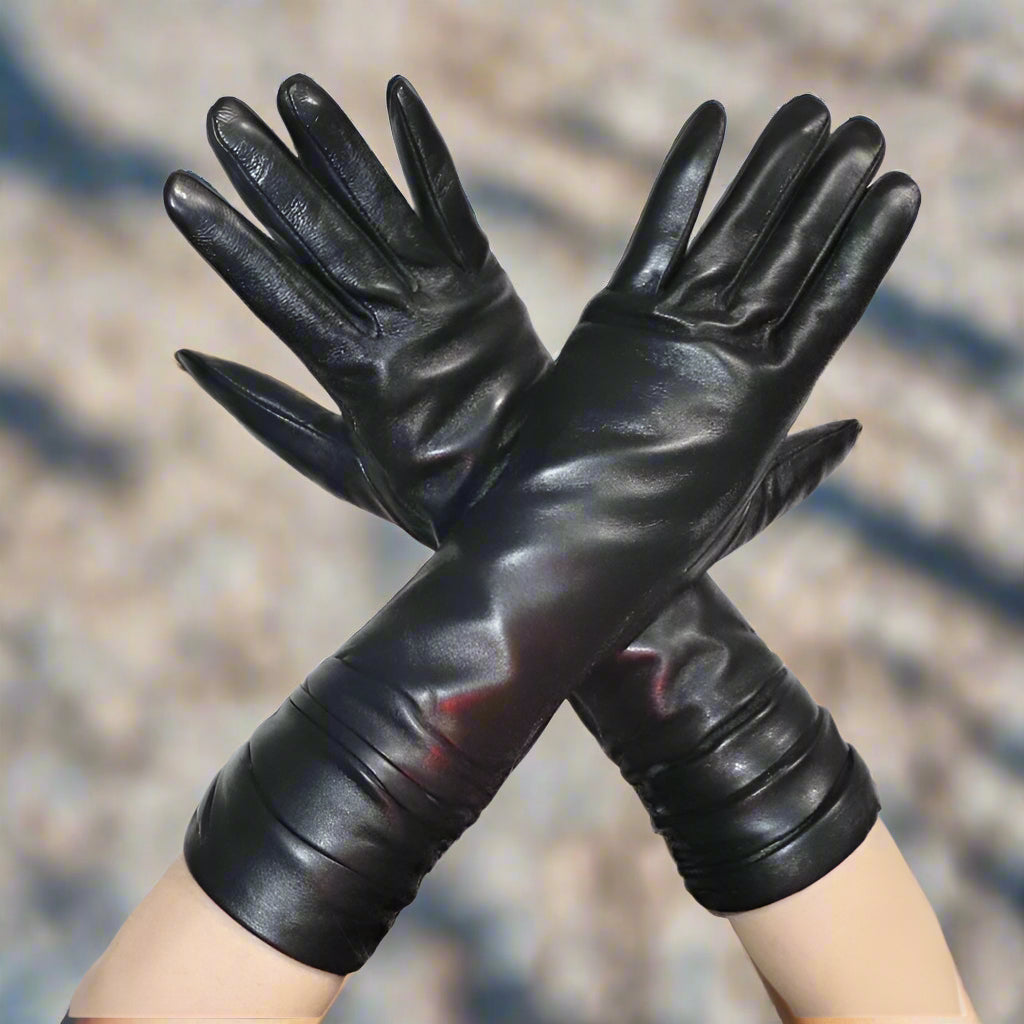 Long Leather Gloves Sheepskin Women Leather Arm Warmers Touchscreen Warm Stylish - Plume & Peak