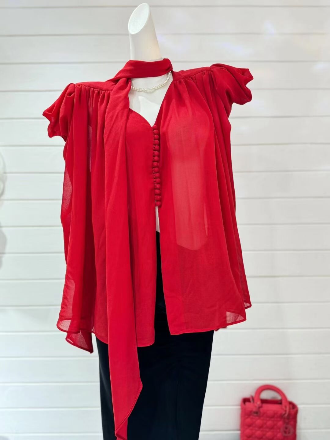 Red Chiffon Tie Front Blouse with Black Pencil Skirt Set - Plume & Peak