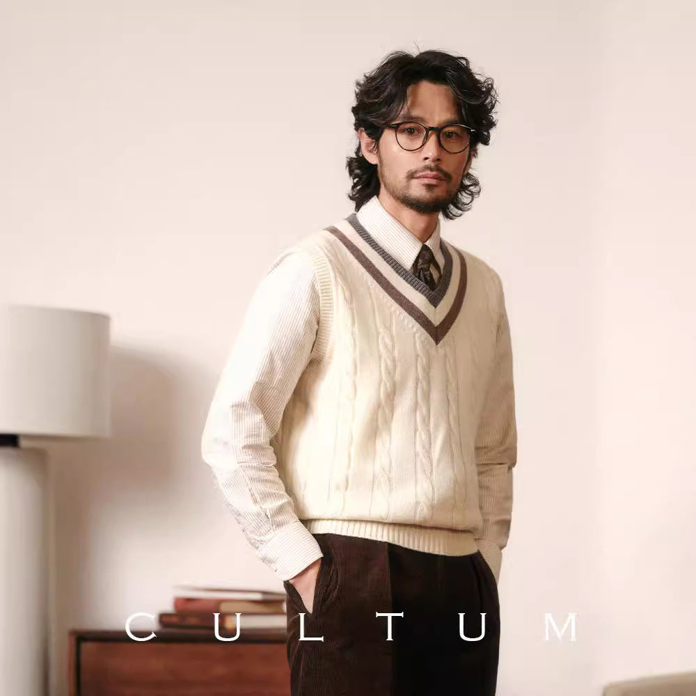 Mens Vintage VNeck Knit Vest AutumnWinter Sleeveless Sweater - Plume & Peak