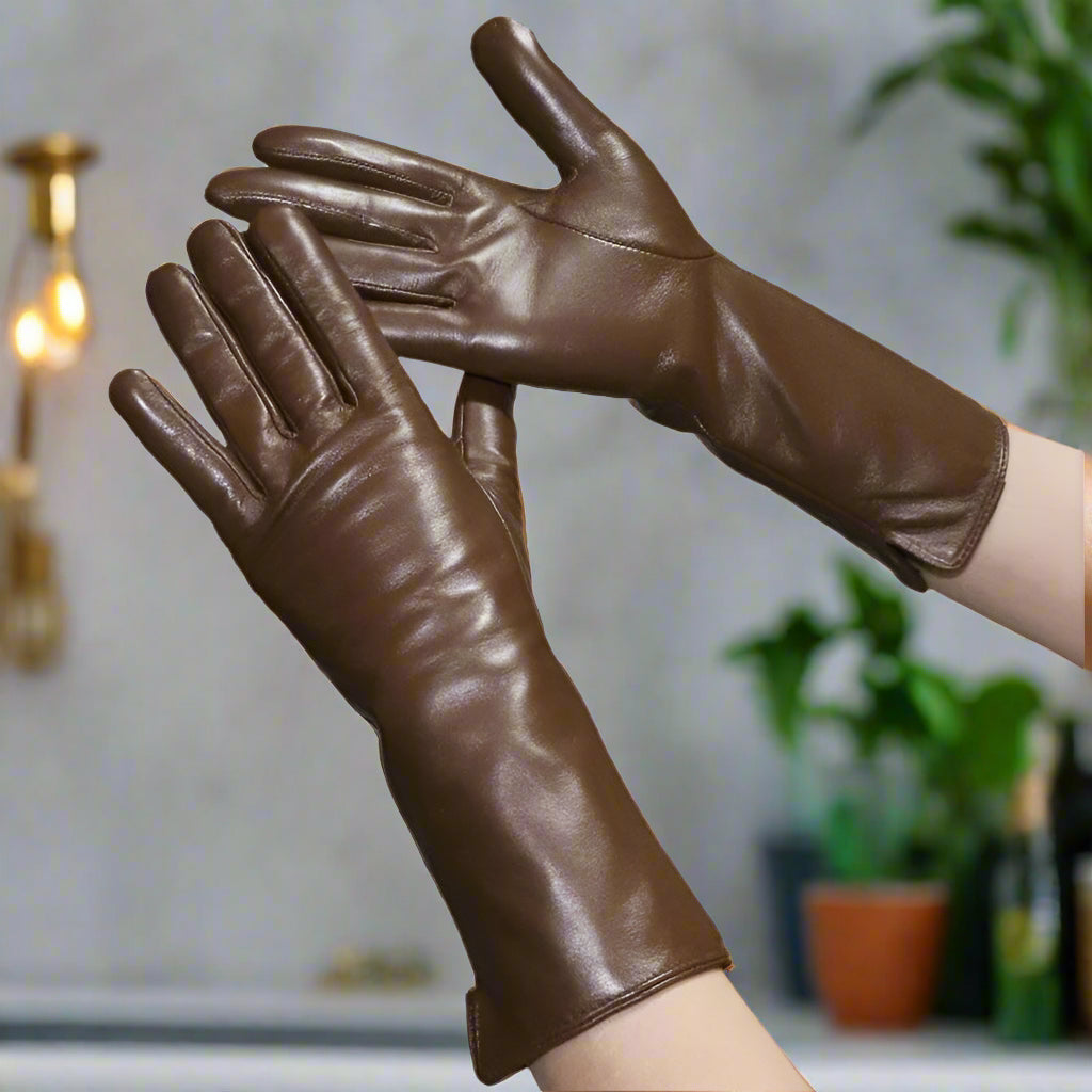 Long Leather Gloves Sheepskin Women Leather Arm Warmers Touchscreen Warm Stylish - Plume & Peak