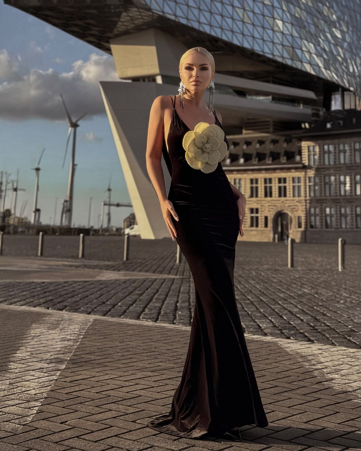 The Noir Bloom Gown with Sculpted Petal Detail - Plume & Peak