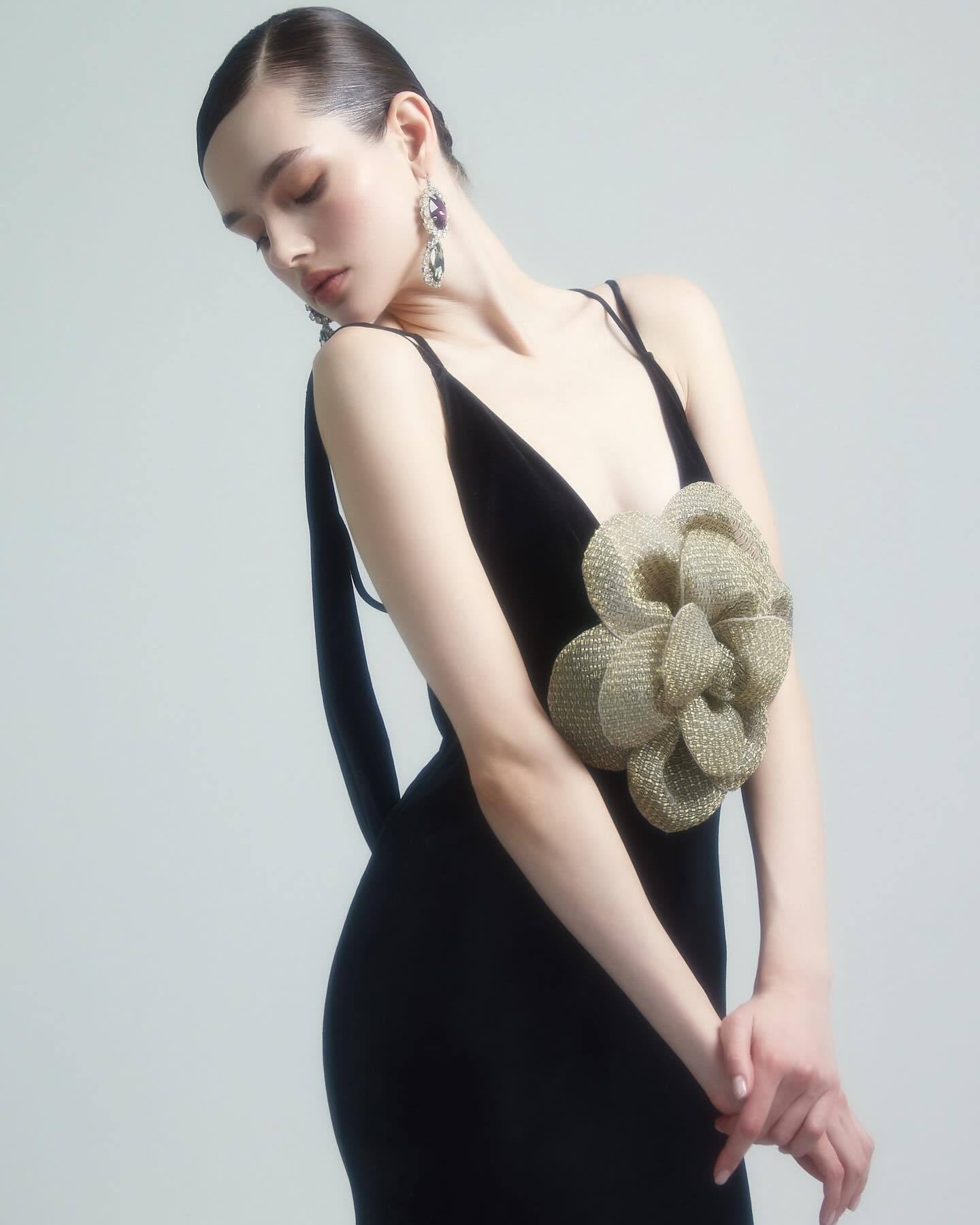 The Noir Bloom Gown with Sculpted Petal Detail - Plume & Peak