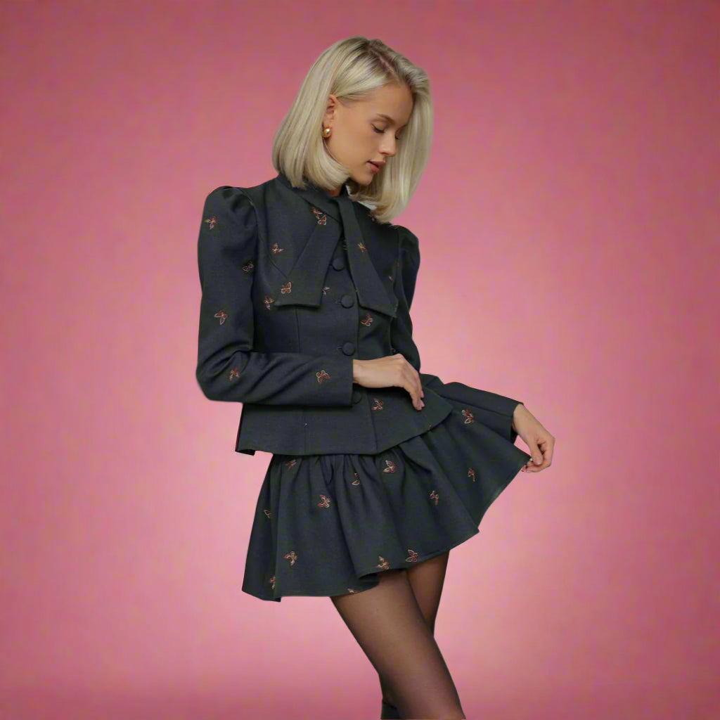 Tailored Embroidered Blazer & Pleated Skirt Set – Effortless Elegance with an Edge - Plume & Peak