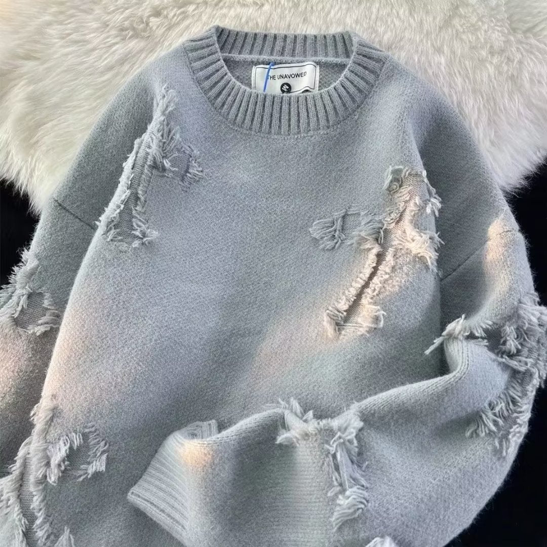 Distressed Knit Oversized Sweater – Vintage Aesthetic, Casual Streetwear Pullover - Plume & Peak
