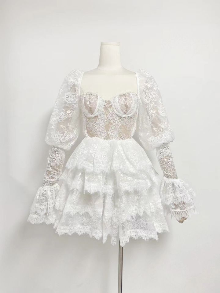Lace Tiered Ruffle Mini Dress with Puff Sleeves - Plume & Peak
