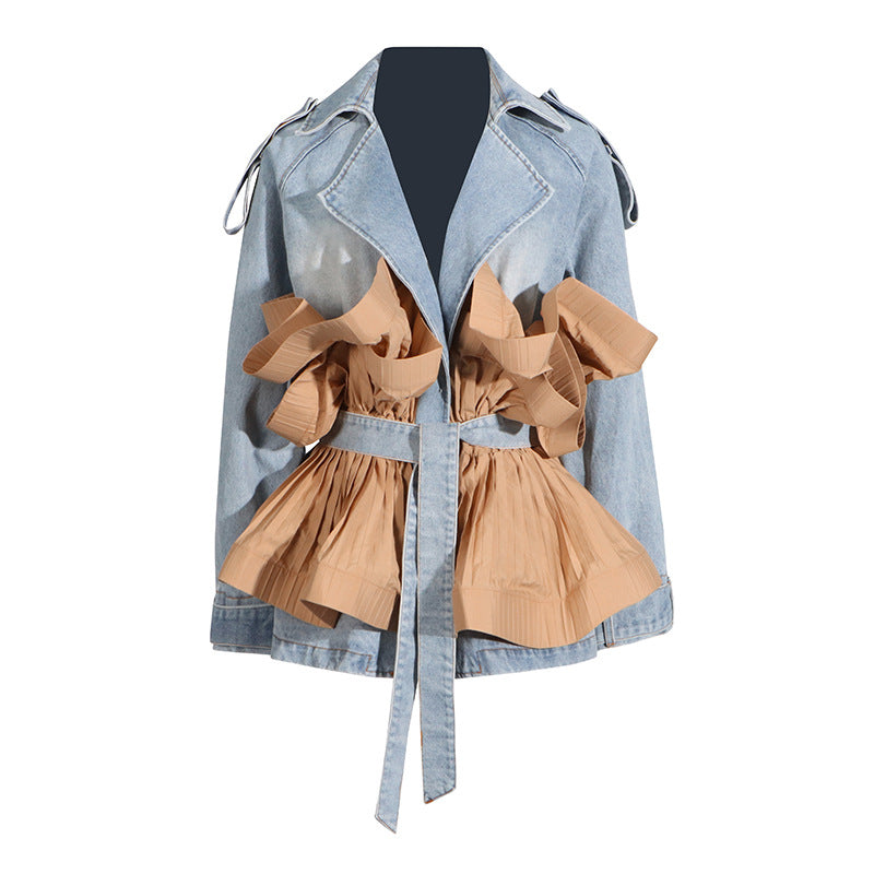 Sleek & Sculpted Denim Ruffle Jacket – Spring 2025 Statement Piece - Plume & Peak
