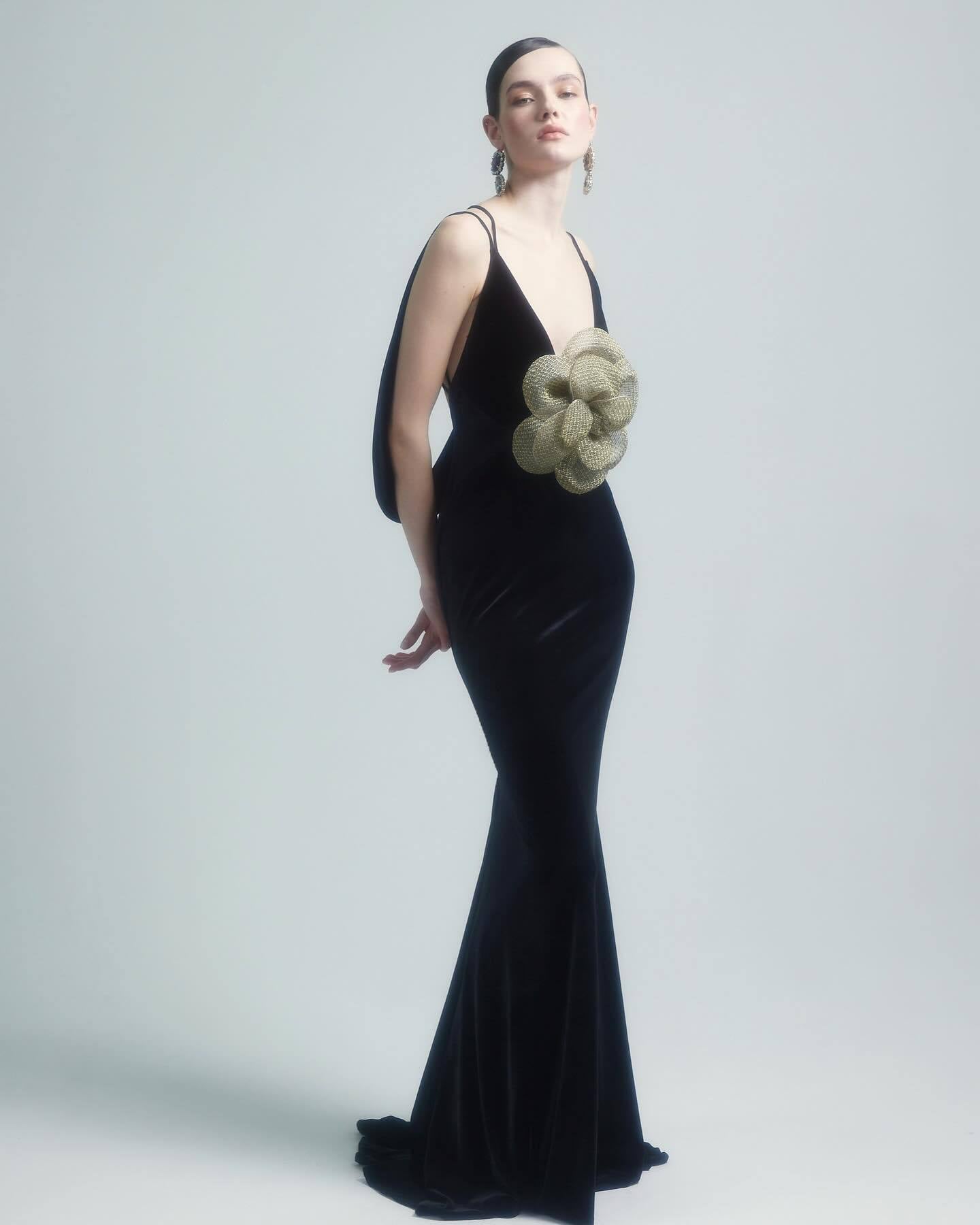 The Noir Bloom Gown with Sculpted Petal Detail - Plume & Peak