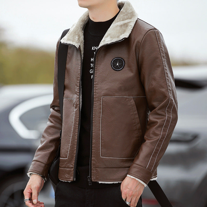 Mens Stylish FleeceLined Leather Jacket Korean Biker - Plume & Peak