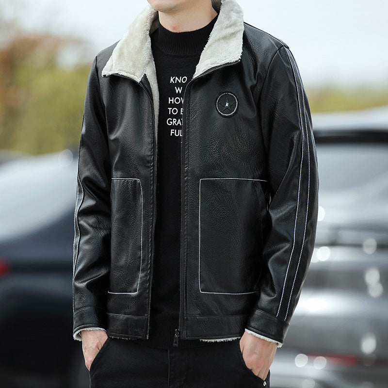 Mens Stylish FleeceLined Leather Jacket Korean Biker - Plume & Peak