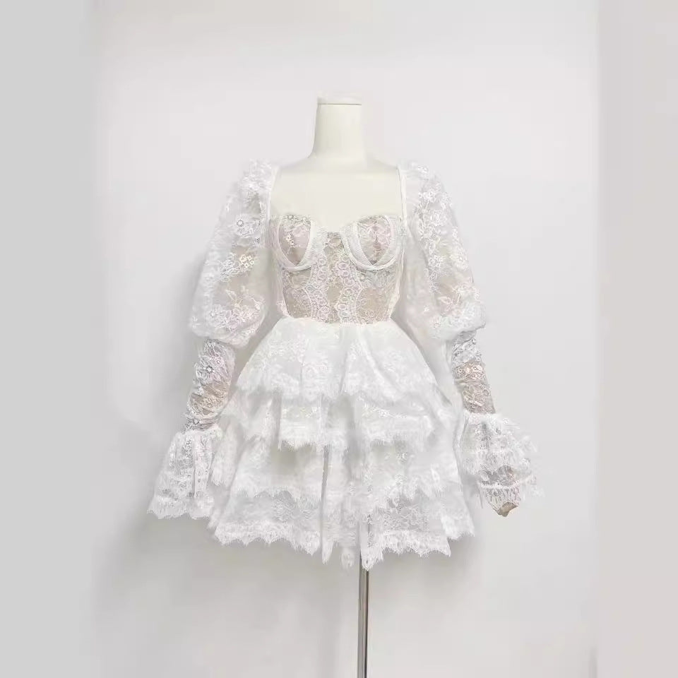 Lace Tiered Ruffle Mini Dress with Puff Sleeves - Plume & Peak