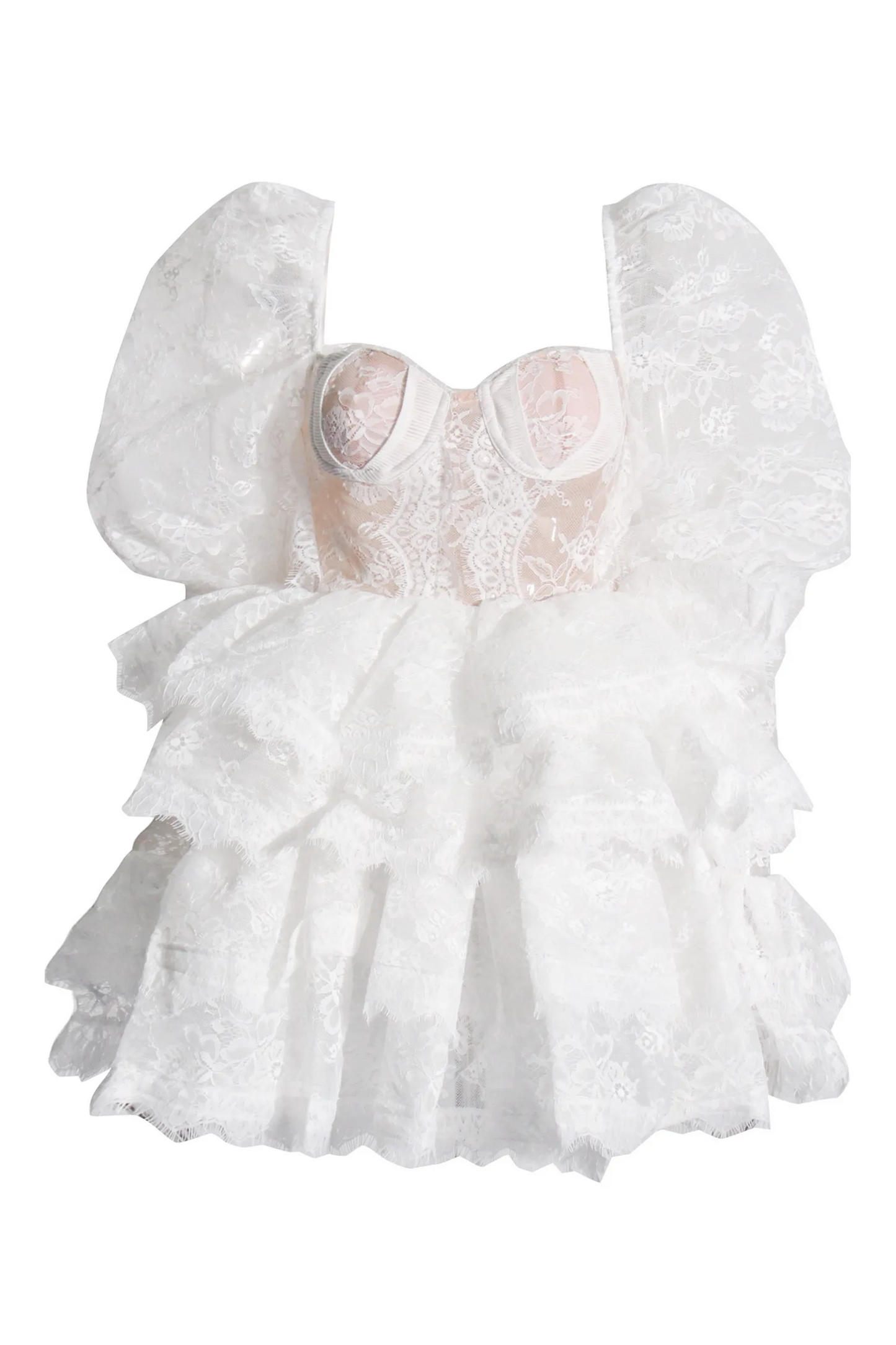 Lace Tiered Ruffle Mini Dress with Puff Sleeves - Plume & Peak