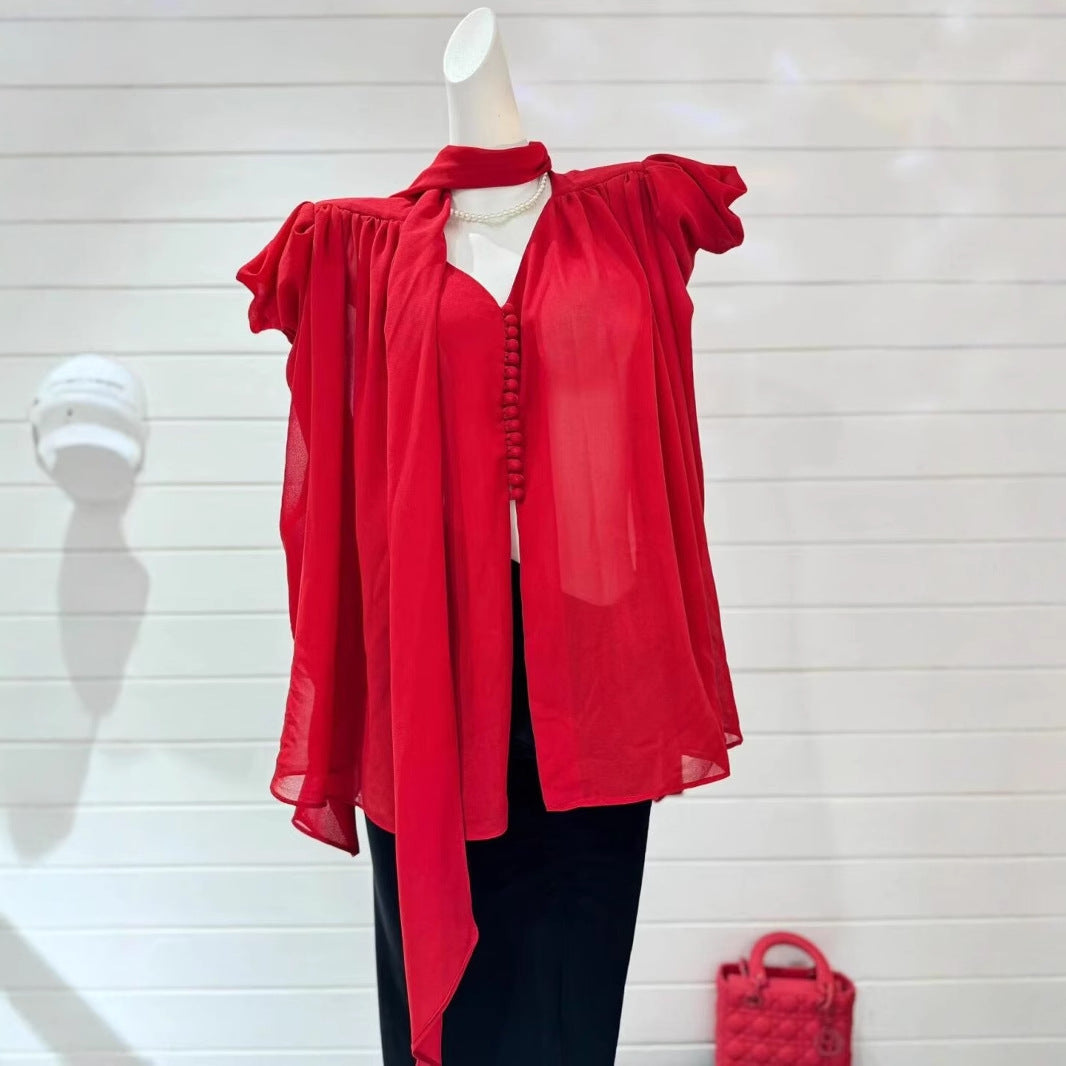 Red Chiffon Tie Front Blouse with Black Pencil Skirt Set - Plume & Peak