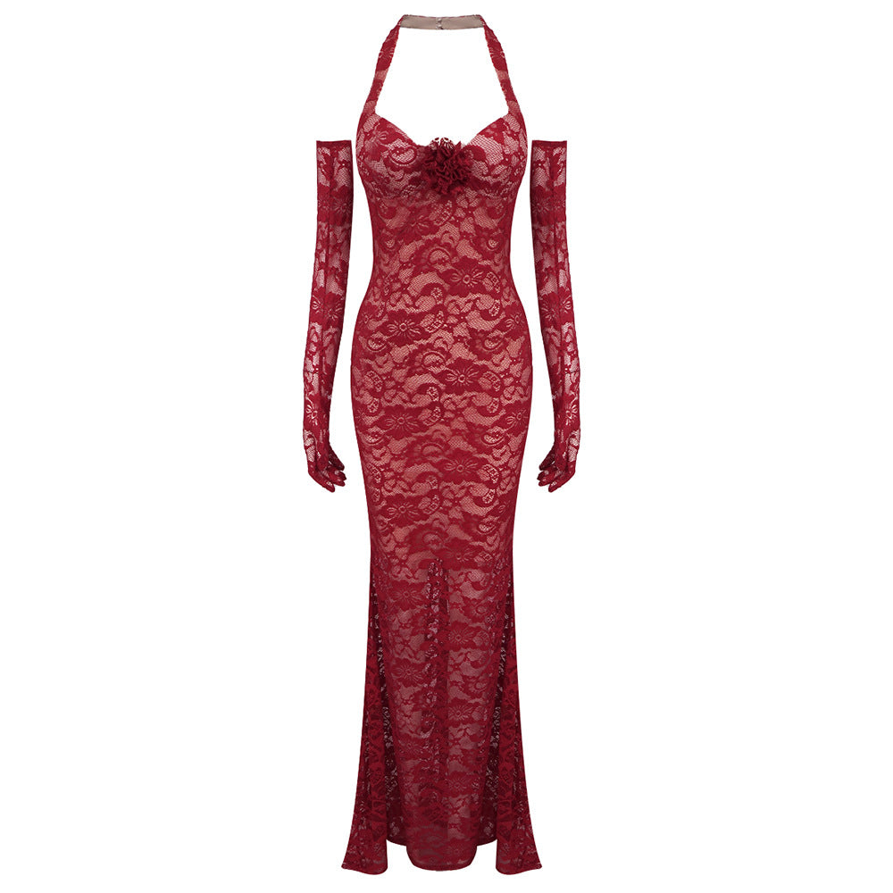 The Plume & Peak Carmine Reverie Lace Gown - Plume & Peak