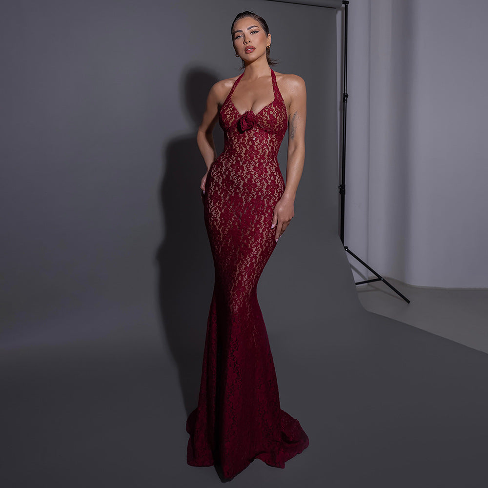 The Plume & Peak Carmine Reverie Lace Gown - Plume & Peak