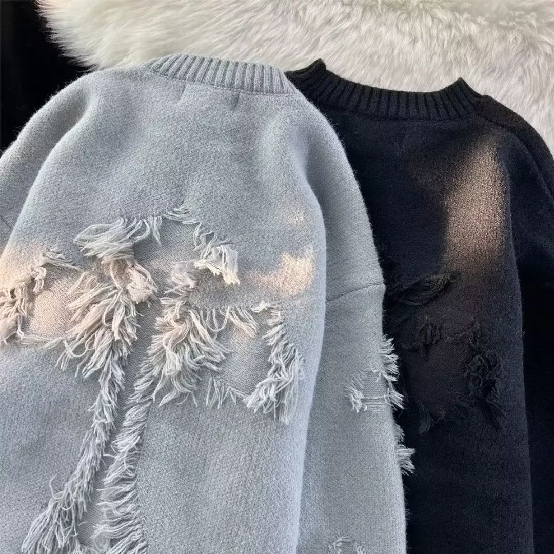Distressed Knit Oversized Sweater – Vintage Aesthetic, Casual Streetwear Pullover - Plume & Peak