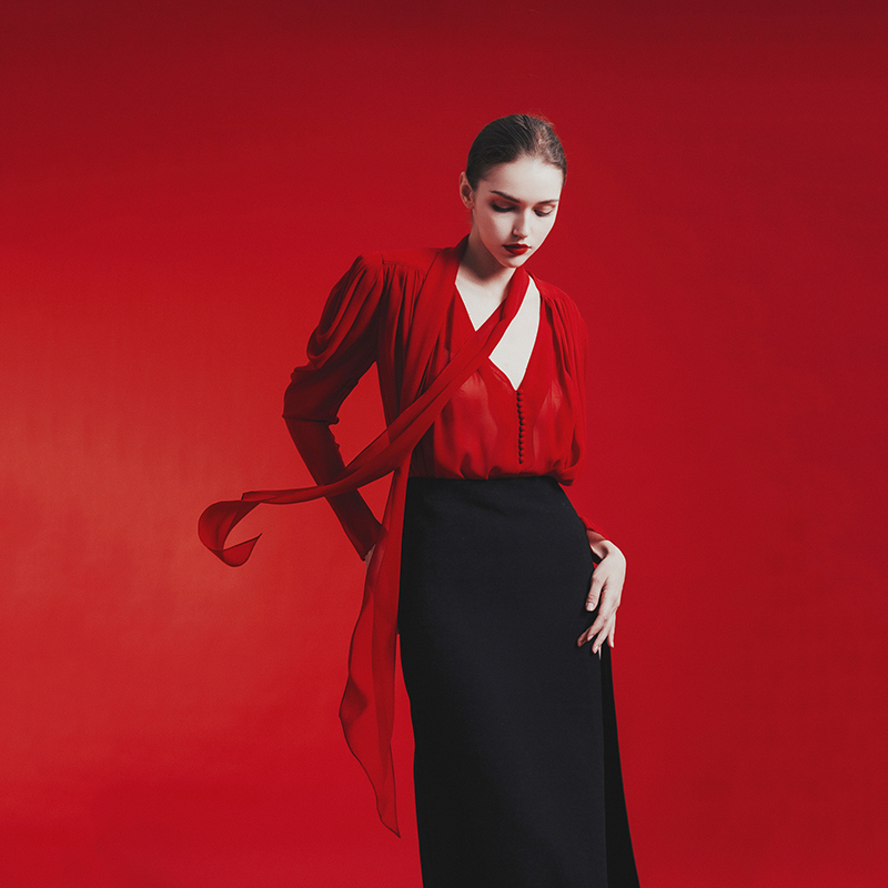 Red Chiffon Tie Front Blouse with Black Pencil Skirt Set - Plume & Peak