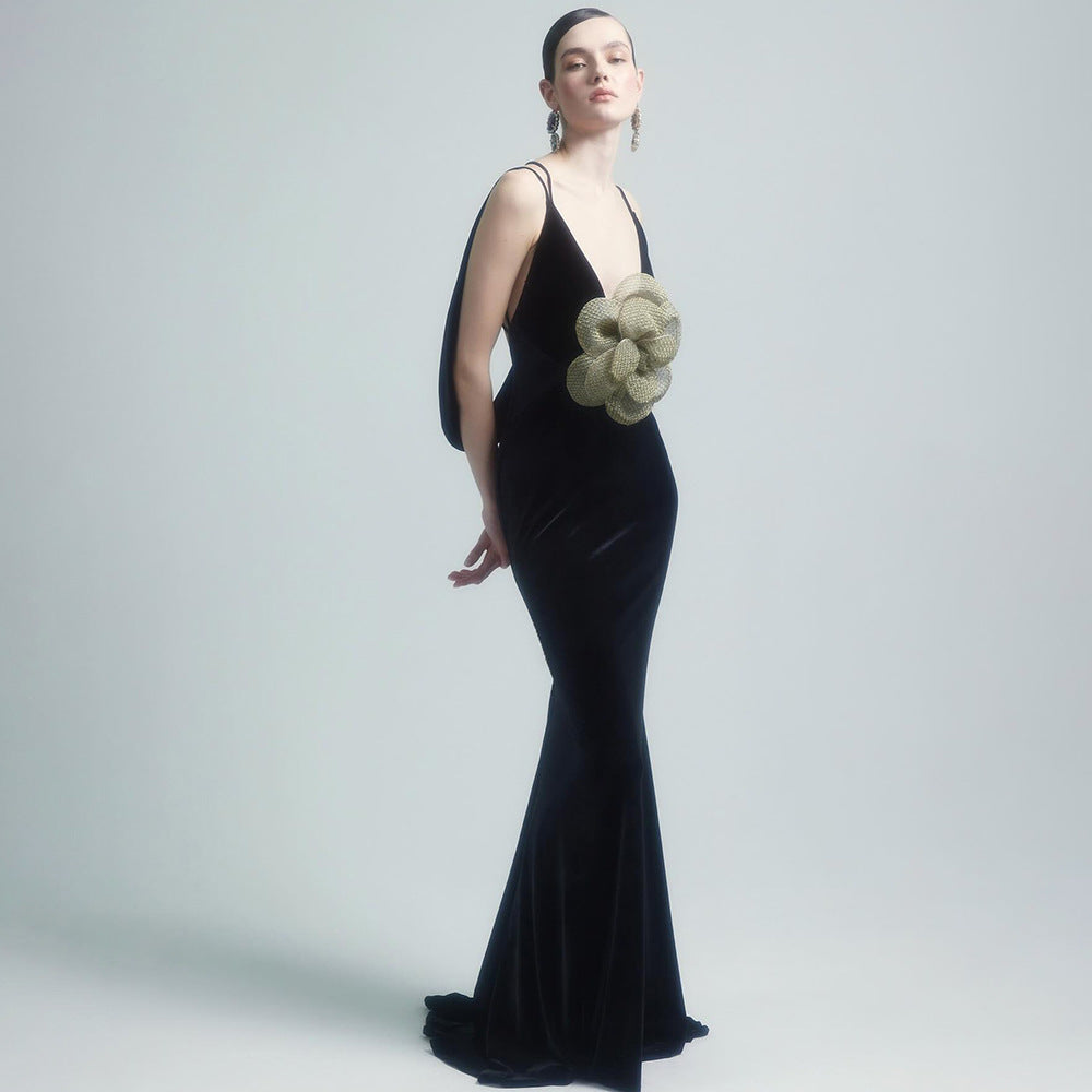The Noir Bloom Gown with Sculpted Petal Detail - Plume & Peak