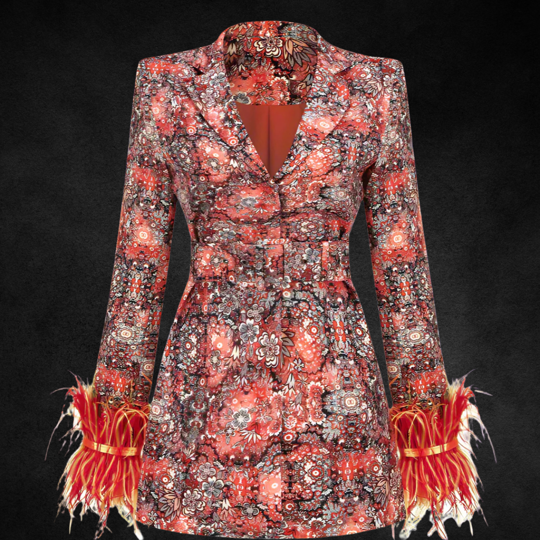 Elegant Feather Trim VNeck Floral Dress Jacket - Plume & Peak