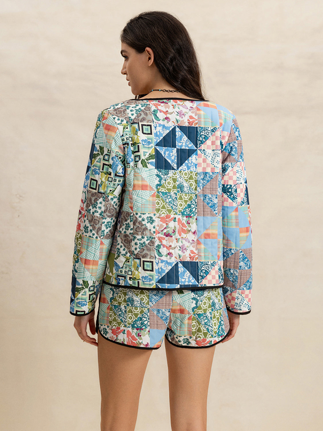 Printed Button Up Long Sleeve Outerwear and Shorts Set - Plume & Peak