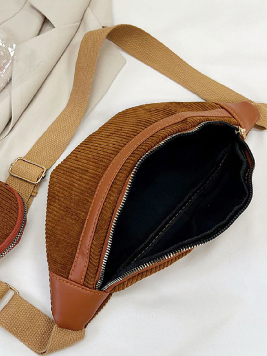 Corduroy Adjustable Strap Crossbody Bag with Pouch - Plume & Peak
