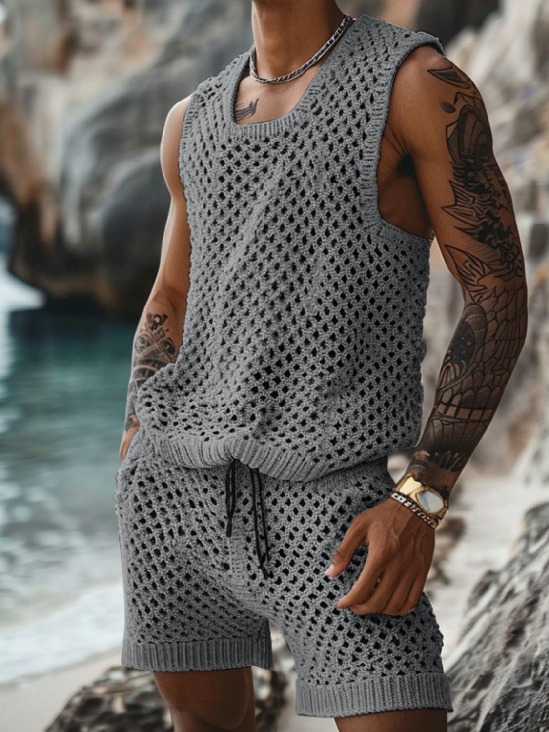 Men’s Open-Knit Sleeveless Set – Breezy Summer Coord - Plume & Peak