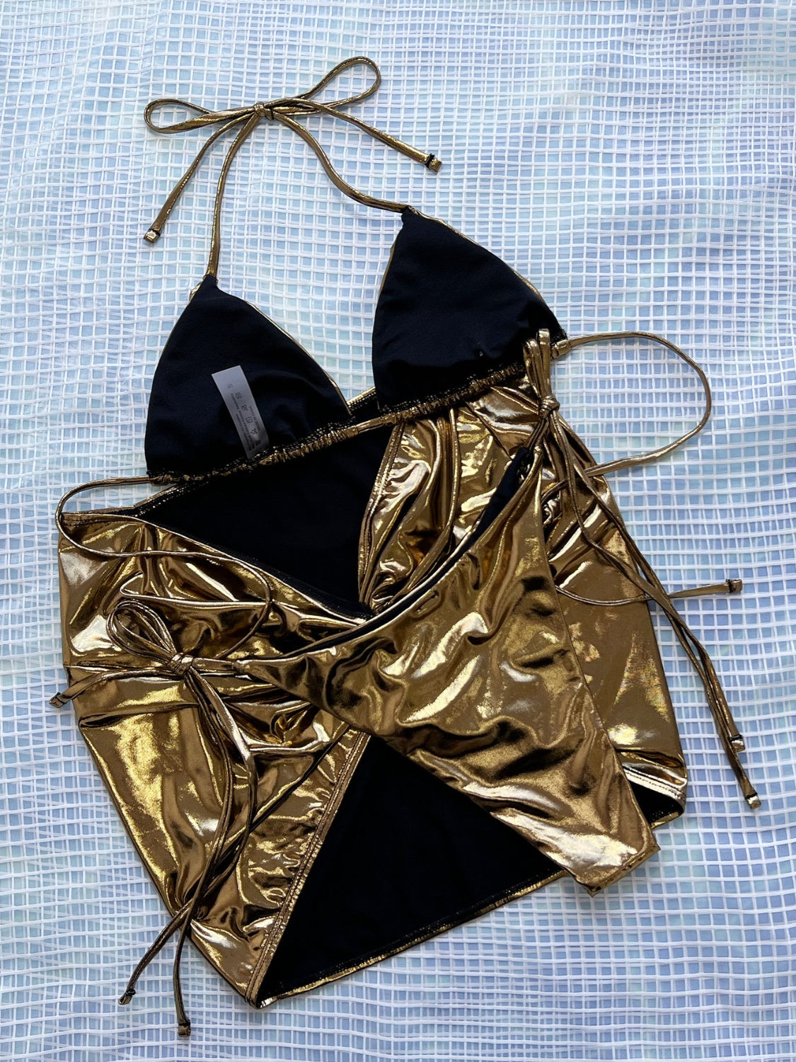Golden Goddess Three-Piece Bikini Set – Metallic Halter & Sarong - Plume & Peak