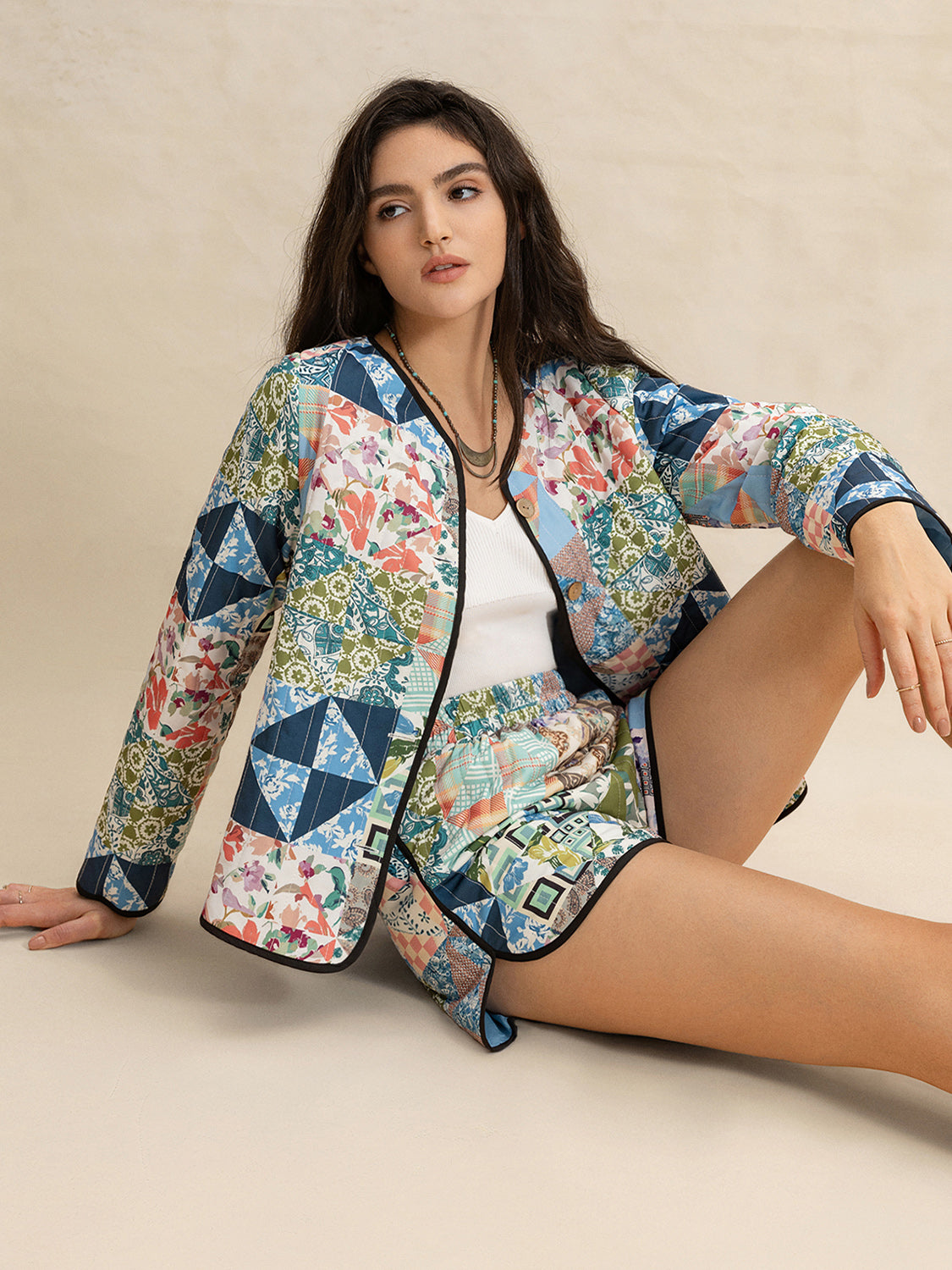 Printed Button Up Long Sleeve Outerwear and Shorts Set - Plume & Peak