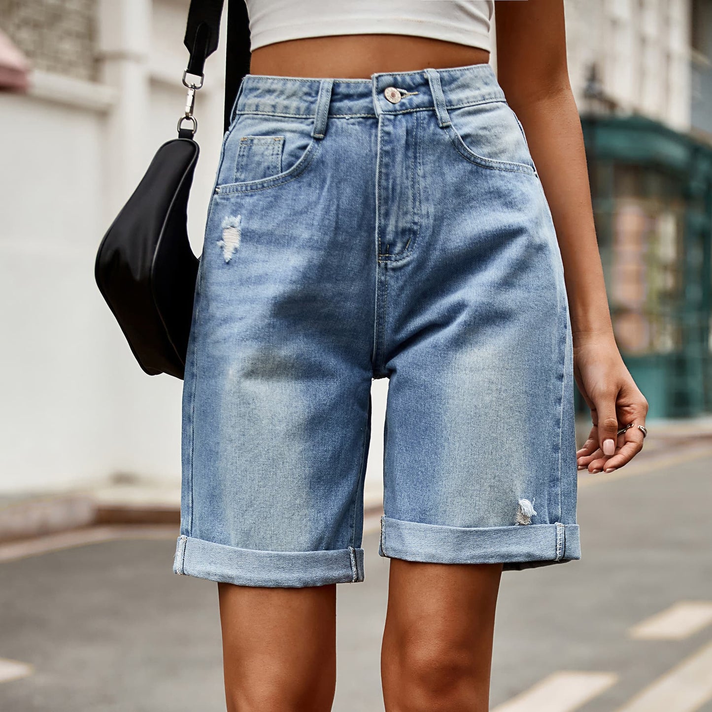 Distressed Buttoned Denim Shorts with Pocketv - Plume & Peak