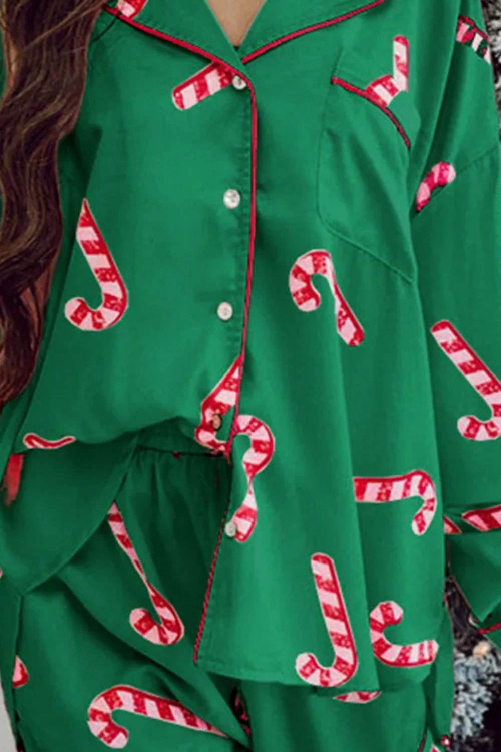 Candy Cane Collared Neck Long Sleeve Top and Shorts Lounge Set Pajama Set - Plume & Peak