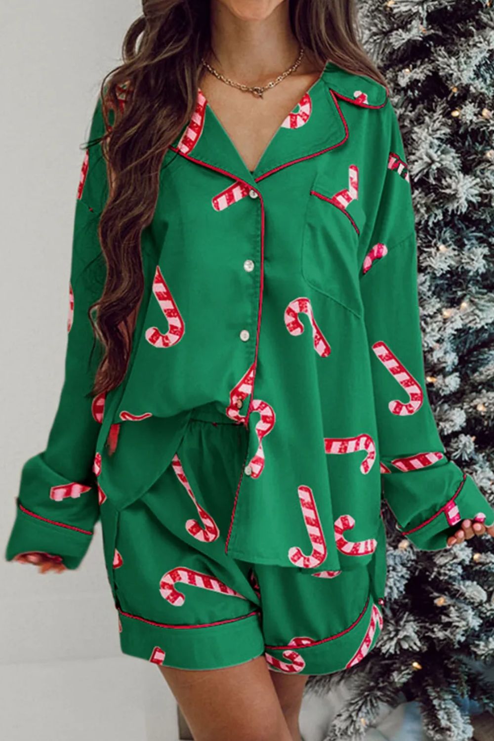 Candy Cane Collared Neck Long Sleeve Top and Shorts Lounge Set Pajama Set - Plume & Peak