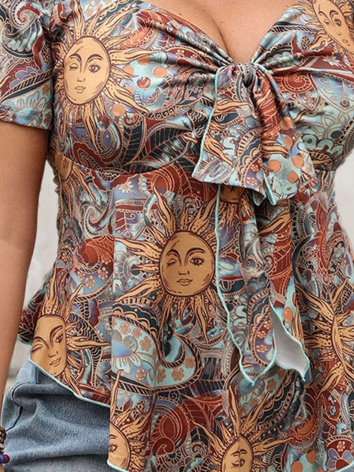 Plus Size Printed Sweetheart Neck Short Sleeve Blouse - Plume & Peak