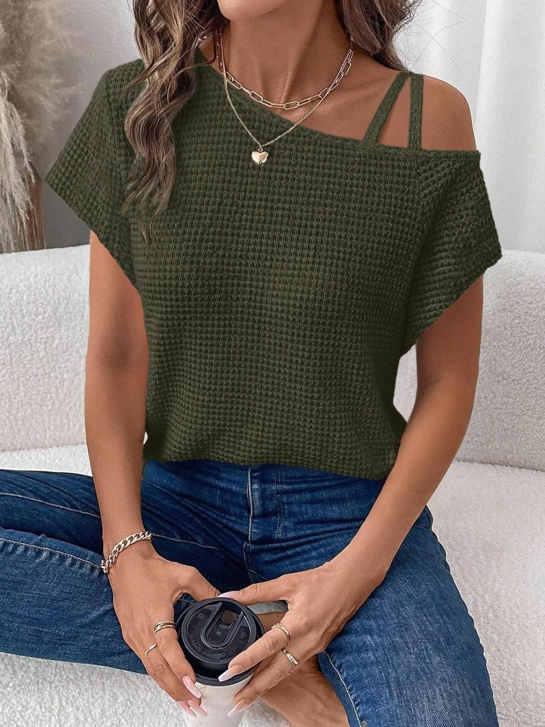 Women's Asymmetrical Neck Short Sleeve T-Shirt – Trendy Casual Top for Everyday Style - Plume & Peak