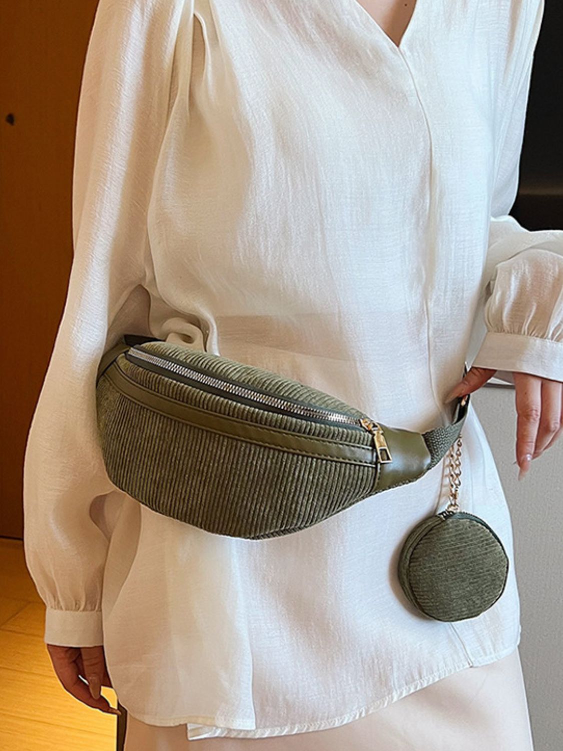 Corduroy Adjustable Strap Crossbody Bag with Pouch - Plume & Peak