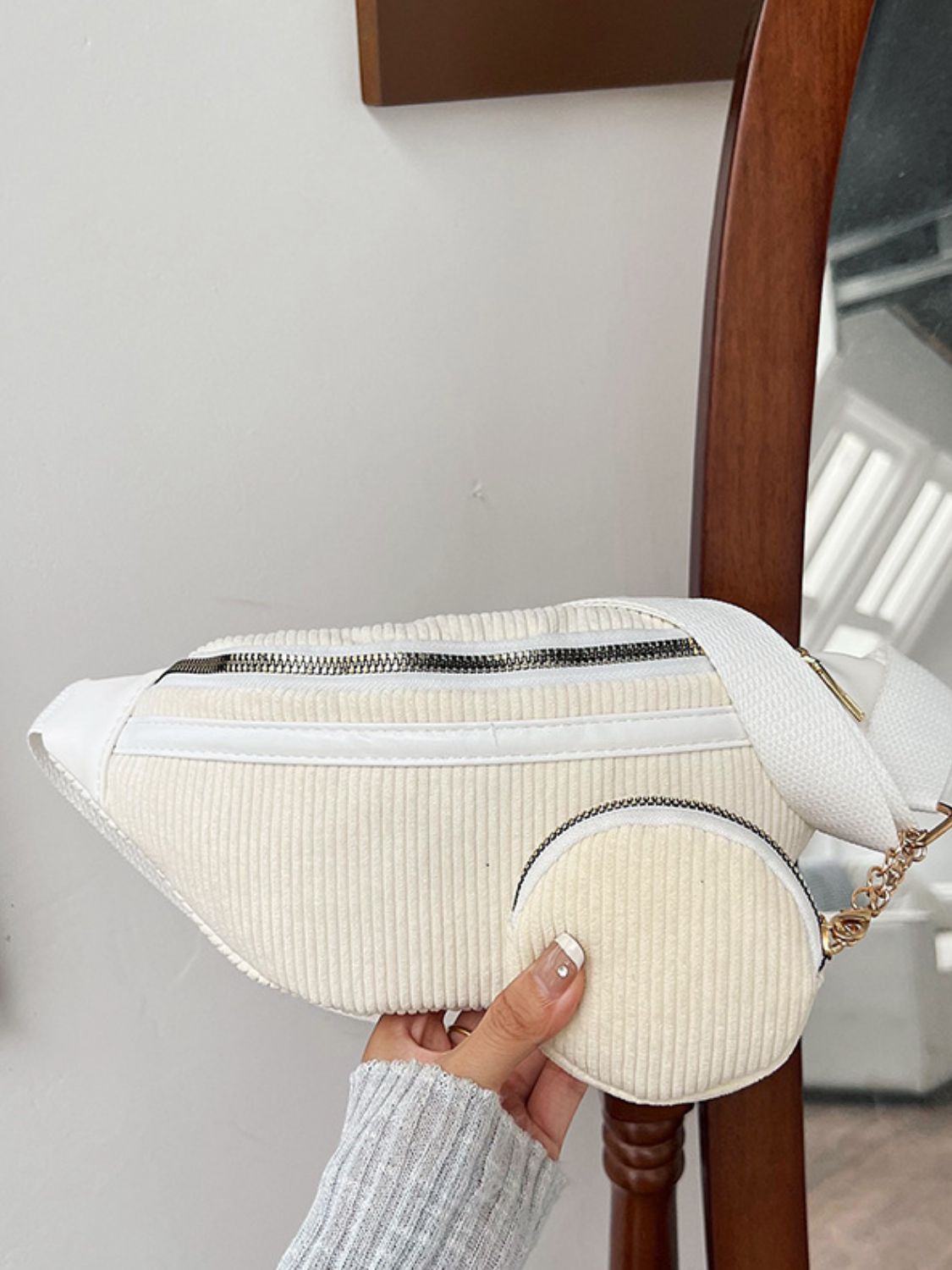 Corduroy Adjustable Strap Crossbody Bag with Pouch - Plume & Peak