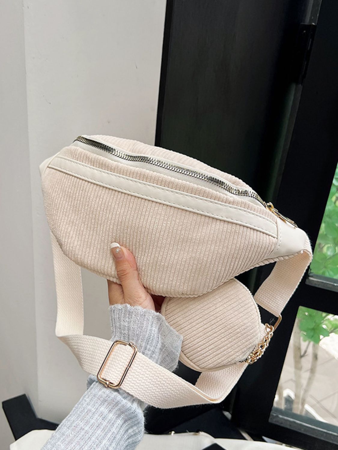 Corduroy Adjustable Strap Crossbody Bag with Pouch - Plume & Peak