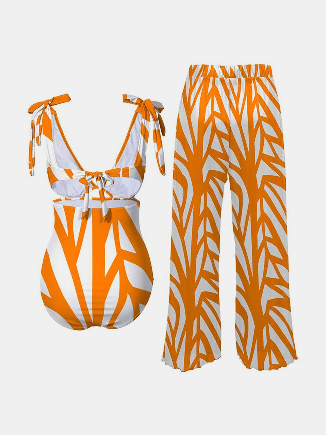 Sunkissed Stripes Two-Piece Swim Set – Tie Shoulder Bikini & Flowy Pants - Plume & Peak