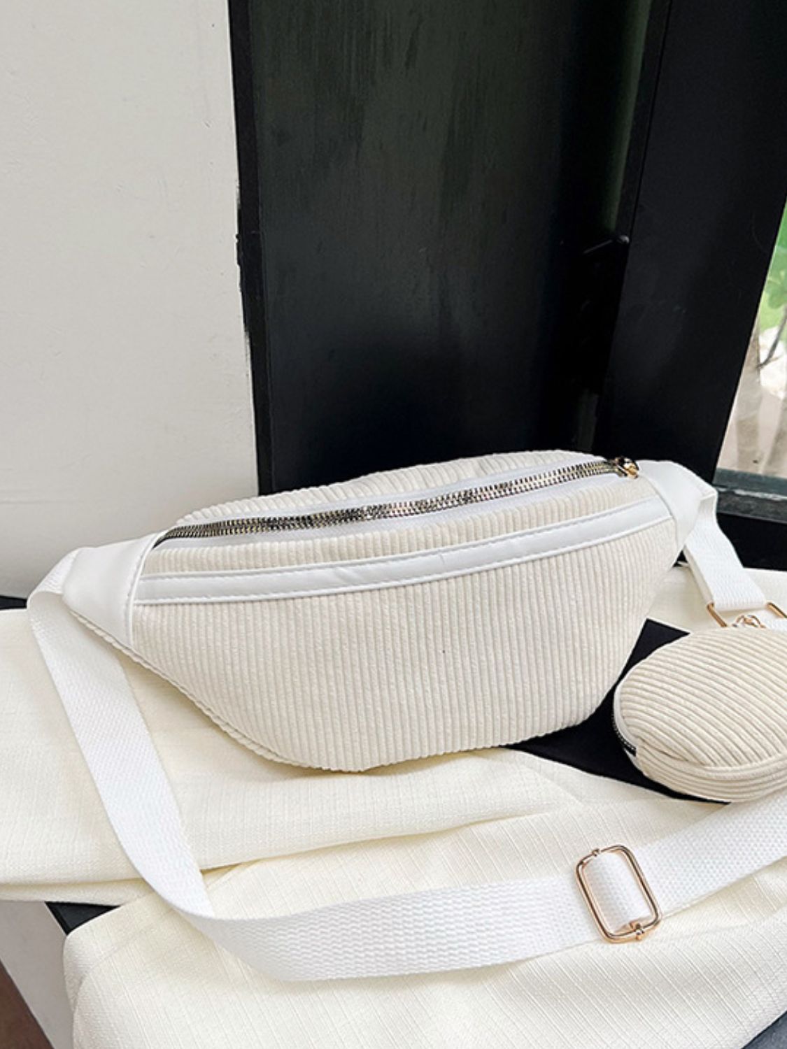 Corduroy Adjustable Strap Crossbody Bag with Pouch - Plume & Peak