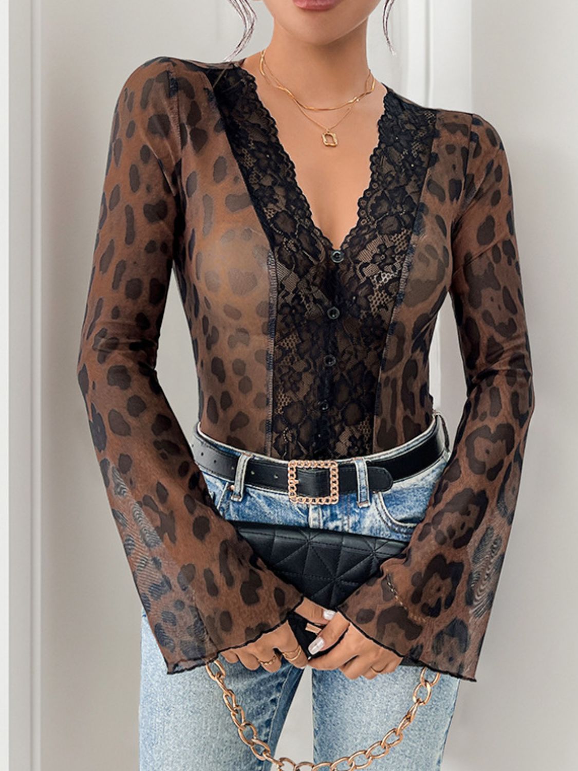 Leopard Lace V-Neck Bodysuit | Sheer, Stretchy & Statement-Making - Plume & Peak