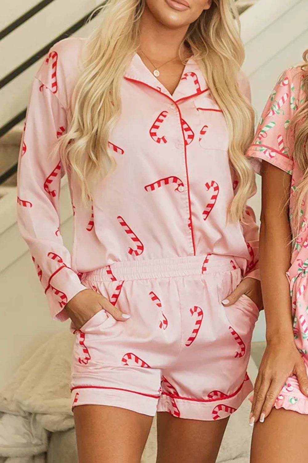 Candy Cane Collared Neck Long Sleeve Top and Shorts Lounge Set Pajama Set - Plume & Peak